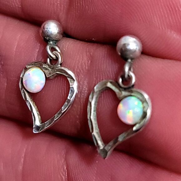 Vintage Signed Opal Drop Heart Earrings - Picture 6 of 9